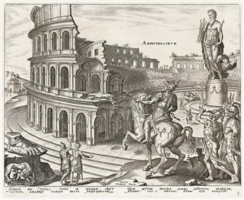 PHILIP GALLE (AFTER MAERTEN VAN HEEMSKERCK) The Seven Wonders of the World and the Ruins of the Colosseum.